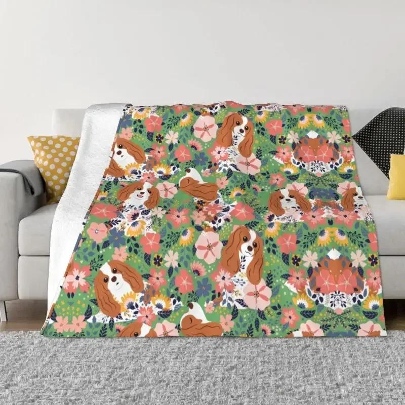 Cavalier King Charles Spaniel Blankets Flannel Winter Floral Bouquet Cute Dog Lover Breed Pet Portrait Throw Blanket For Bedroom