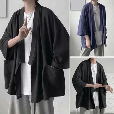 Męska letnia koszula w jednolitym kolorze, kardigan z otwartym szwem, w stylu retro w stylu chińskim, luźne ramiona, rękawy trzy czwarte, miękki, swobodny męski szal z filtrem przeciwsłonecznym