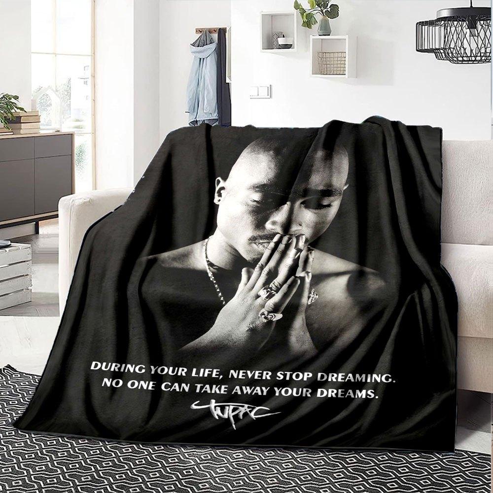 1pc 2Pac Hip Hop Blanket Soft Lightweight All Season Multi Purpose Throw for Sofa, Bed, Office & Picnics, French Style with Iconic Album Art & Quotes