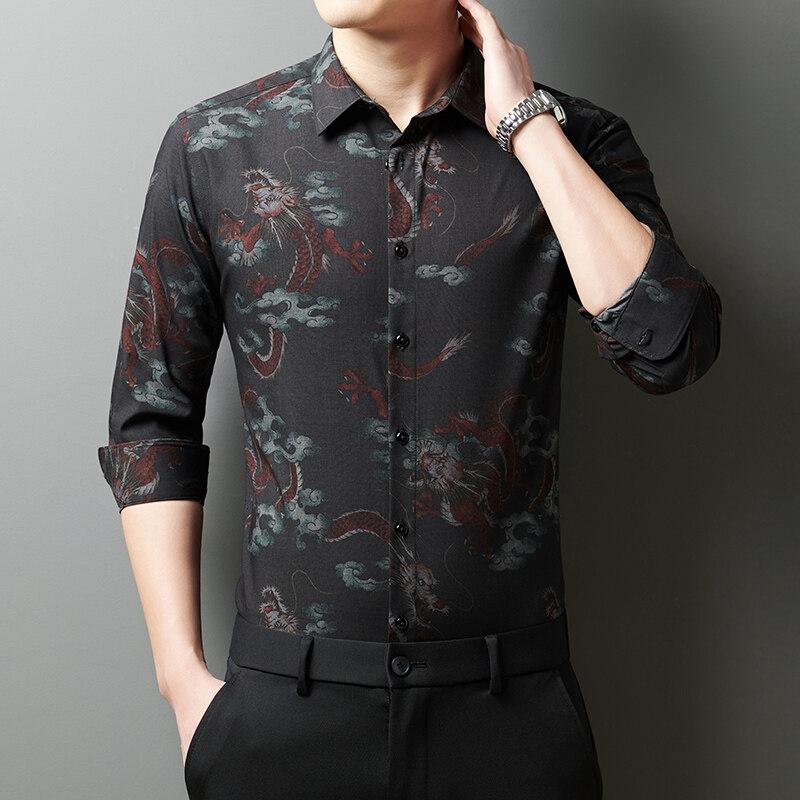Spring Autumn Casual Shirts Men Fashion Turn-Down Collar Long Sleeve Printing Blouse Men's Casual Slim All-Match Button Trend Shirt