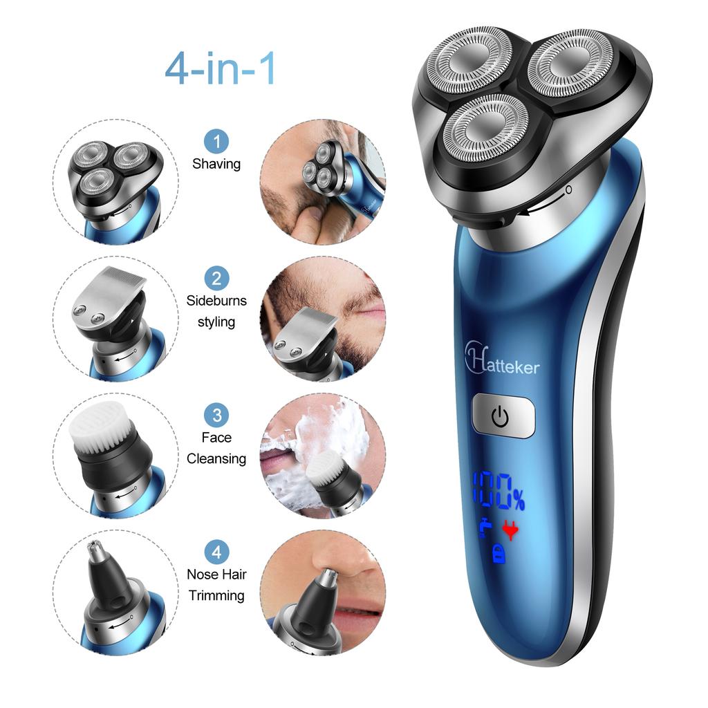 Hatteker Rotary Electric Shaver Men's 4-in-1 Facial Razor USB Rechargeable Beard Trimmer Grooming Kit with Precision Shaving