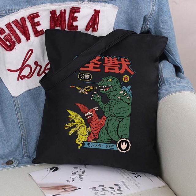 Women Shopping Bags Cute Cartoons Pattern Series Eco Shopper Shoulder Bag Fashion Black Printing Folding Handbag Canvas Tote Bag