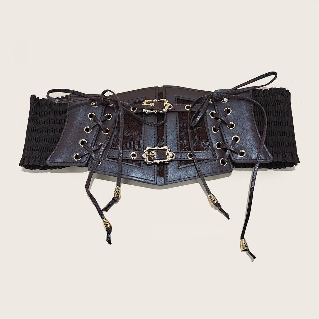Lace Corset Punk Black Wide Belt With Chain Pu Leather Slimming Body Belts for Women Elastic High Waist Belt Female Cummerbunds