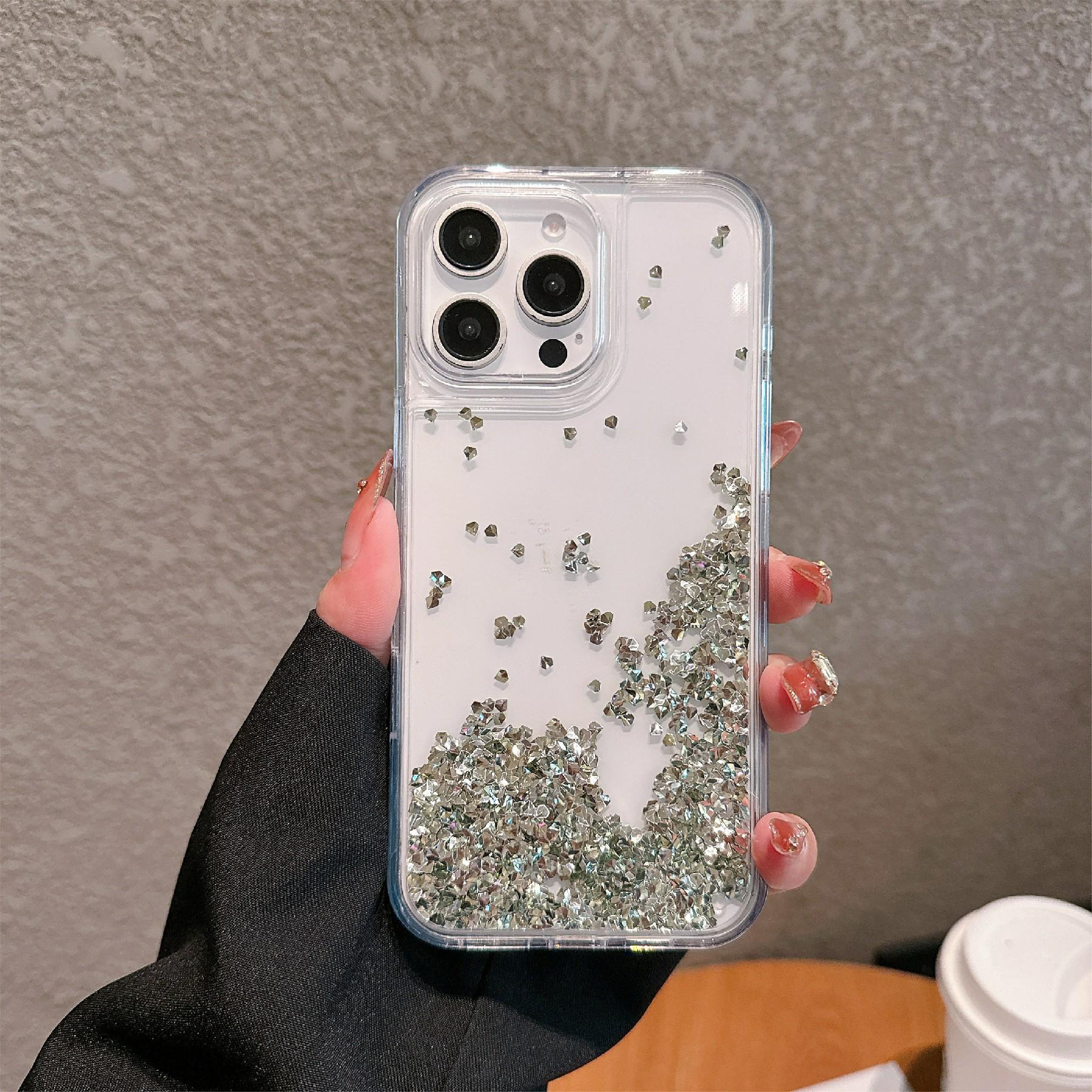 

For iPhone 16 Pro Max Case Bling Rhinestone Quicksand TPU+PC Protective Cover Silver