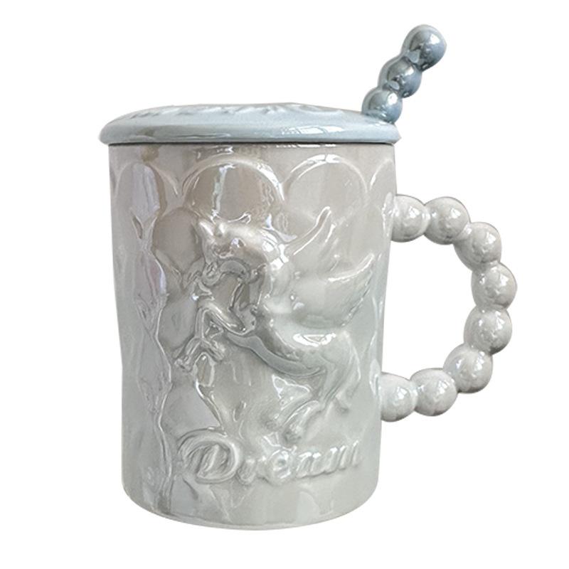 Mug With Lid Spoon Couple High Value Girl Office Water Cup Coffee Cup Relief Ceramic Cup Souvenir
