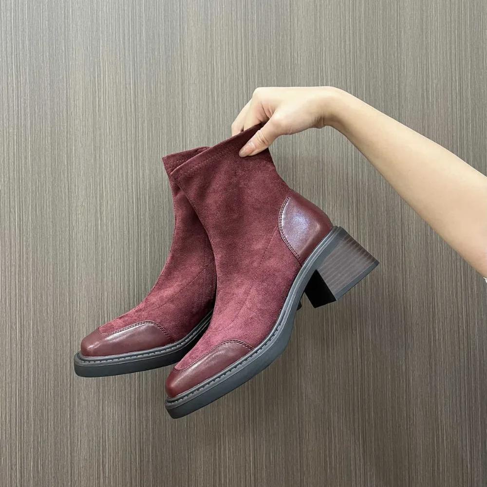 Fashion Suede Short Boots for Women Winter Thick Heel Square Toe Slimming and Elastic Boots New Red Xiuhe Wedding Shoes High Heels Women