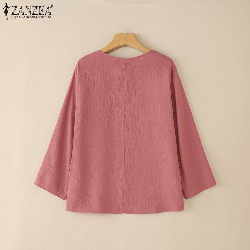 ZANZEA Women Casual V-Neck Solid Color 3/4 Sleeve Loose Blouse
