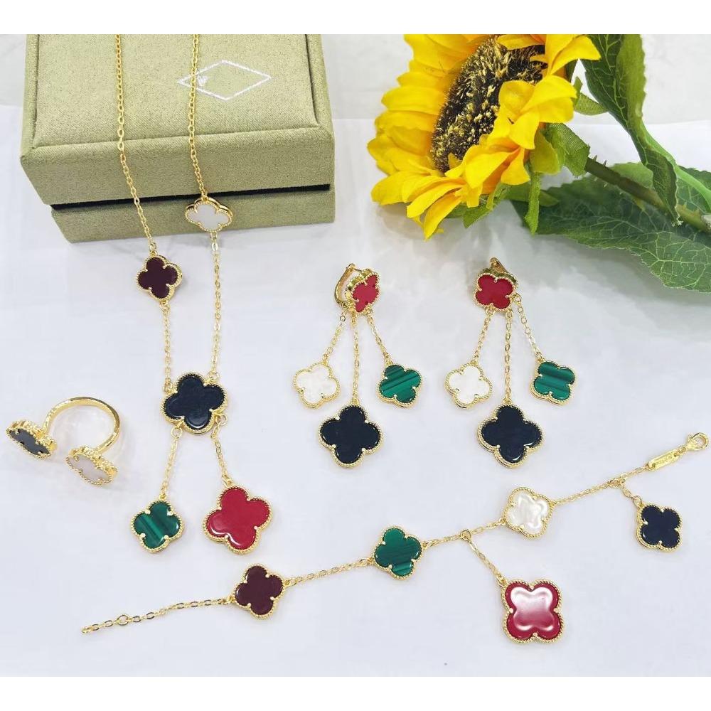 5-Piece Set New Four-Leaf Clover Jewelry Set Fashion Tassel Earrings Temperament Simple Versatile Senior Sense Of Necklace Earrings Bracelet Set