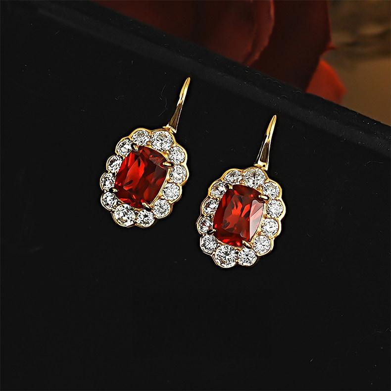 3-Carat Red Corundum Pigeon Blood-red Gold-plated Dense Diamond-encrusted Lace Earrings, Versatile Temperament Niche Light Luxury Ear Jewelry 2026