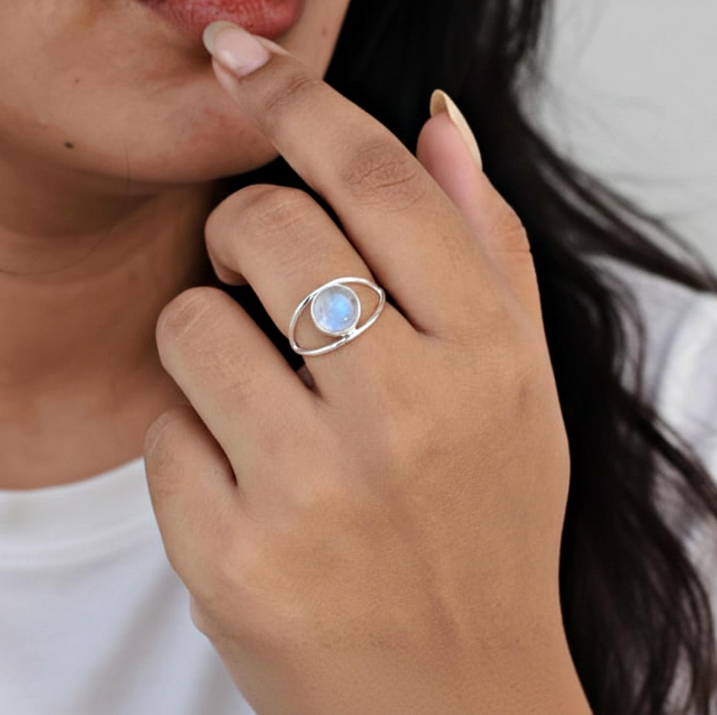 Rainbow Moonstone Eye Ring, 925 Sterling Silver, Handmade Round Moonstone Ring for Women 4