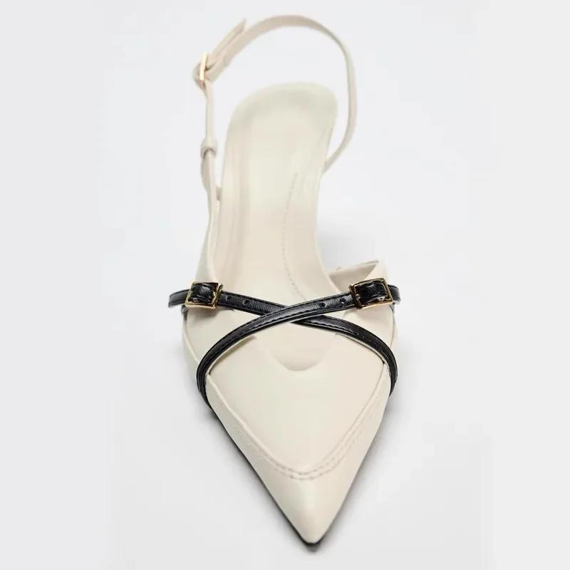 Fashion Original Designer High Heels Women Sexy Pointy Toe Cross Buckle Strap Decoration Heeled Sandals Summer Slingbacks White Pumps