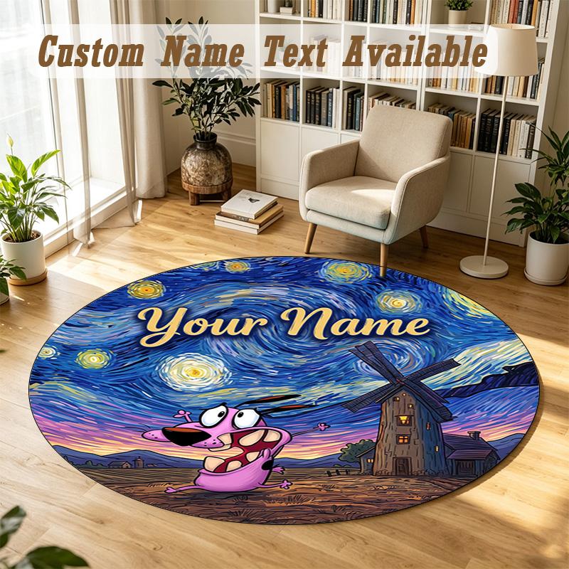 Courage the Cowardly Dog Personalized Round Rug Support Custom Name, Soft Home Decor Mat