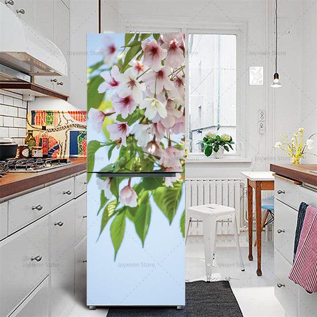 Autocolant pentru frigider cu flori retro, fundal albastru deschis, vinil, PVC, impermeabil, autocolant, poster mural, autocolant decorativ pentru frigider