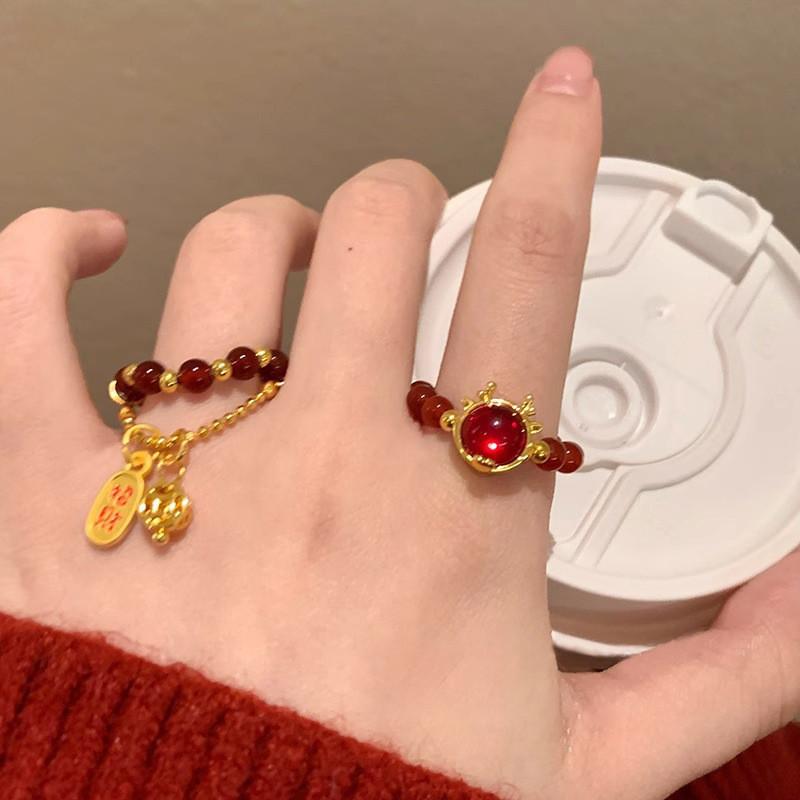 Elegant Adjustable Copper Ring Featuring Rich Red Agate For Prosperity And Good Fortune