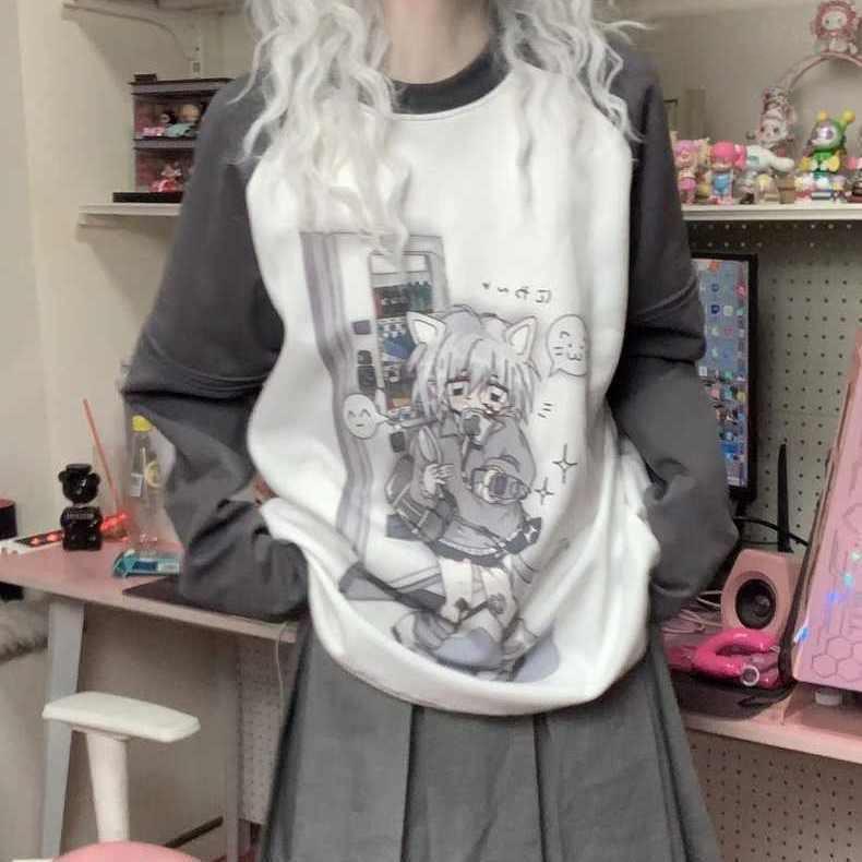 VAYLA Y2k Estetické Tričko s Odnímatelnými Rukávy Dámské Kawaii Kočičí Potisk Grunge Topy Japonské Harajuku Tričko Fairycore E-girl Streetwear