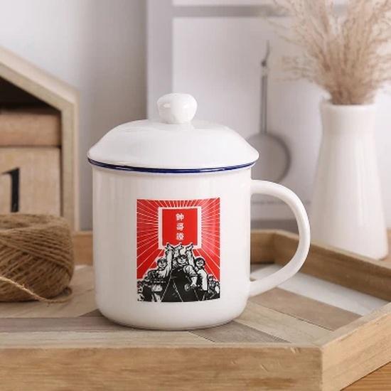 Ceramic Cup with Lid, Creative Imitation Enamel Mug, China Mao Zedong, Office Drinking Glass, Classic Nostalgic, 370ml