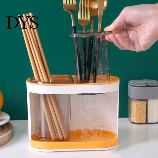 Utensil Organizer Holder Cutlery Drainer Two-compartments Transparent Wall Mounted Chopsticks Drainable Chopstick Cage Spoon Fork Drain Storage