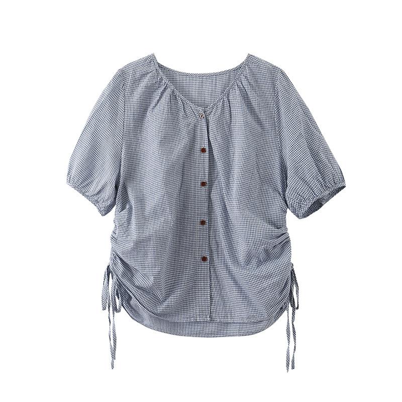 

Летняя мода лацкан короткий рукав кулиска двубортная рубашка женский дизайн чувство универсальный топ прилив One Size