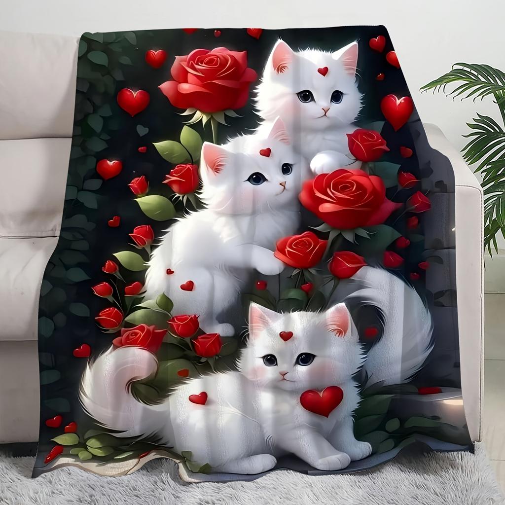 White Cat and Red Roses Fleece Blanket Cute Kitten Print Throw Soft Warm All Season Bedding Gift for Cat Lovers