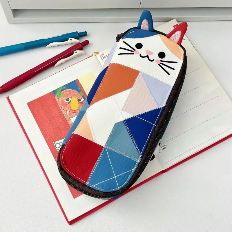 Cat Design Cloth Pencil Case Patchwork Multifunctional Storage Bag for School College Stationery Travel