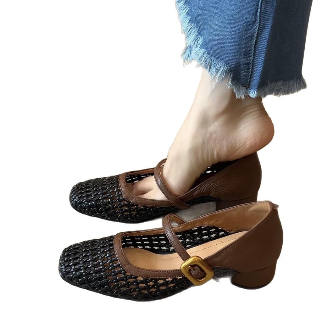 Woven hollow thick heel shoes women's shoes versatile retro square head Mary Jane shoes women's summer high heels are not tired