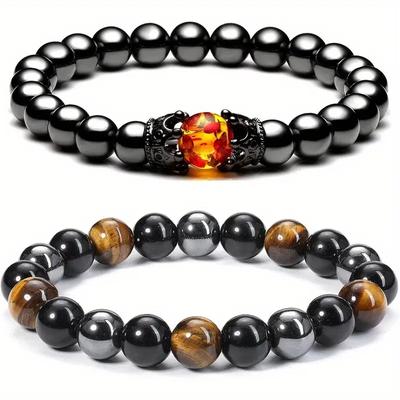 Hanmade Good Luck 2pcs/set 10mm Men's and Women's Crystal Bracelet for Protection Obsidian Tiger Eye Stone Healing Natural Round Gemstone Beads