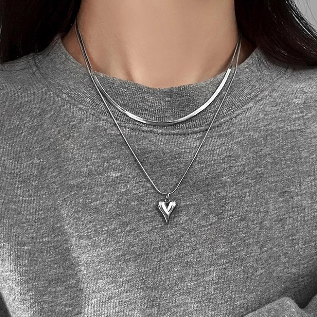 Double Layer Necklace Elegant Stainless Steel Heart Pendant Choker Charm Adjustable Collar Chain Jewelry for Daily Wear
