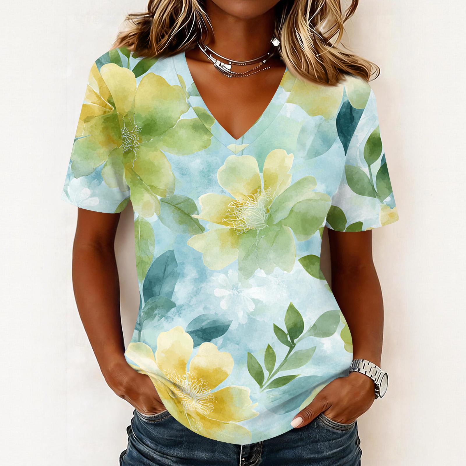

Women s fashionable casual short-sleeved floral print V-neck pullover top XL жовтий