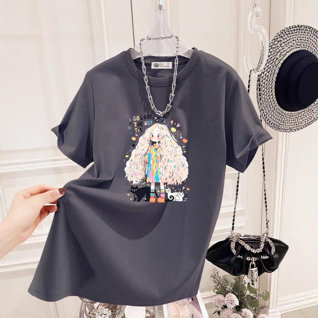 Nouveau T-shirt d'été style coréen chat à la mode fille grande version ample coton blanc manches courtes pour femmes mi-longueur