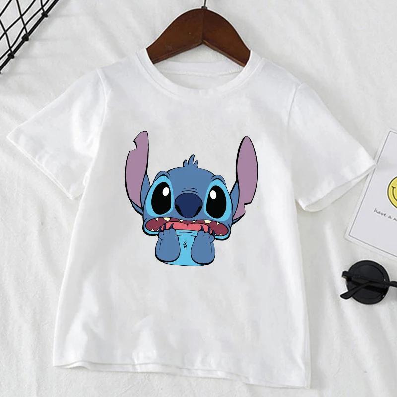 Cute Disney Stitch Print Kids T-shirts Summer White Short Sleeve Boys Girls Tee Shirt Child Cartoon Harajuku Tops Clothes