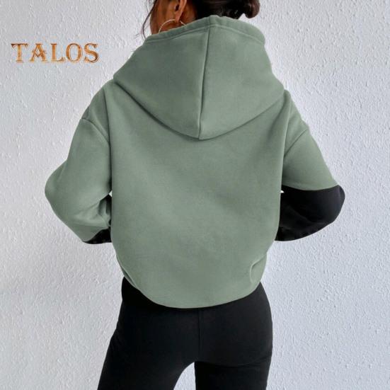 Damska bluza z kapturem na jesień i zimę, z kolorowym blokiem, ściągaczem, długimi rękawami, elastycznymi mankietami i obszyciem oraz dużą kieszenią, gruba sportowa bluzka fitness