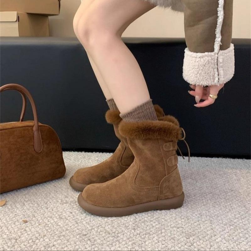 Botas planas de algodón para mujer de moda Invierno Nuevo Punta redonda Manga de ante Antideslizante Resistente al desgaste Cómodas Botas cortas