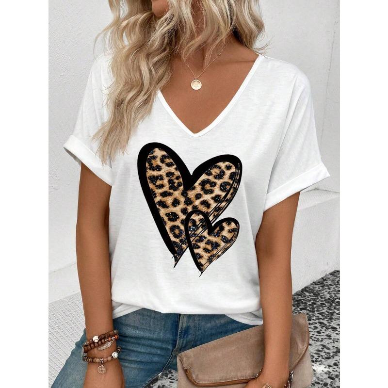 Casual Women's V-neck T-shirt T-shirt Summer Outdoor Fashion Short Sleeve Simple Pattern Printed Versatile Size Women's Clothing