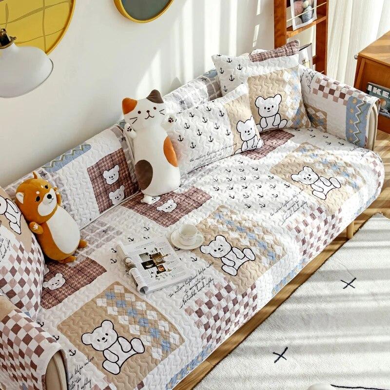 Four Season Universal Cartoon White Non-slip Sofa Covers for Living Room Cushion Couch Embroidery Soft Fabric