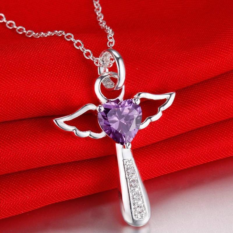 Jesus Cross Love Angel Heart Wing Silver Pendant Necklace 18inch Women Girl Lady Gift