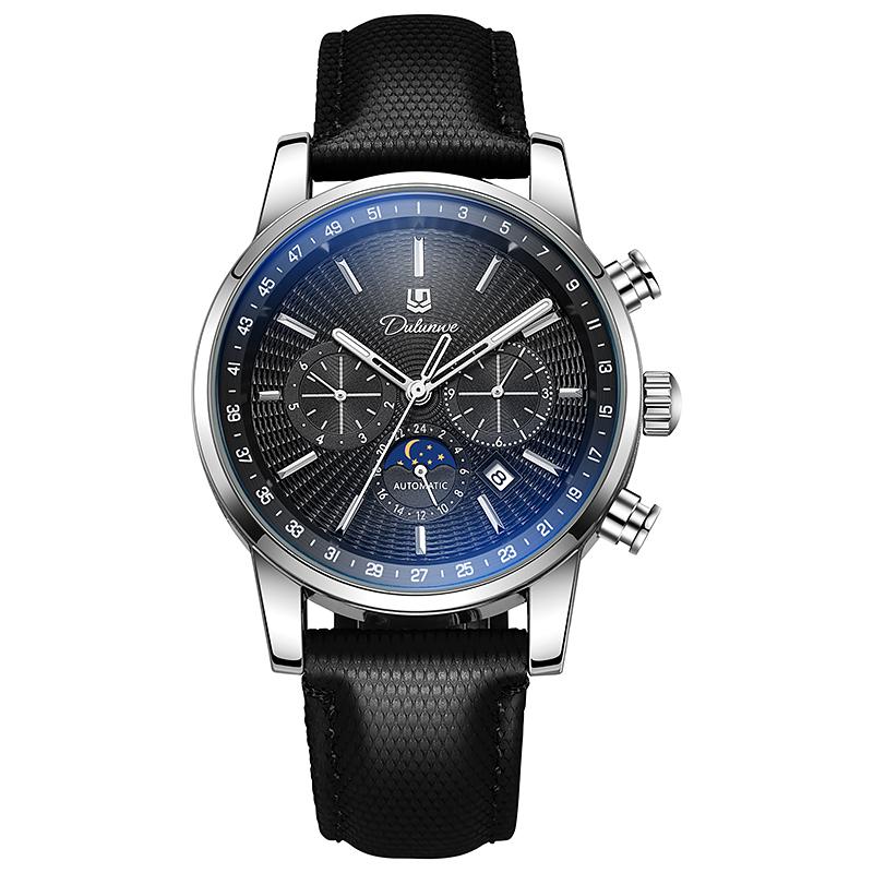 Men Automatic Mechanical Watch Blue Leather Strap Moon Phase Multi-Function Luminous Waterproof Business Sport Male Wrist Watch