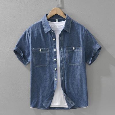 Korean Style Men's Short Sleeved Denim Shirt Summer Tops Soft and Comfortable Pure Cotton Casual Dark Blue Jeans Shirts Double Pocket