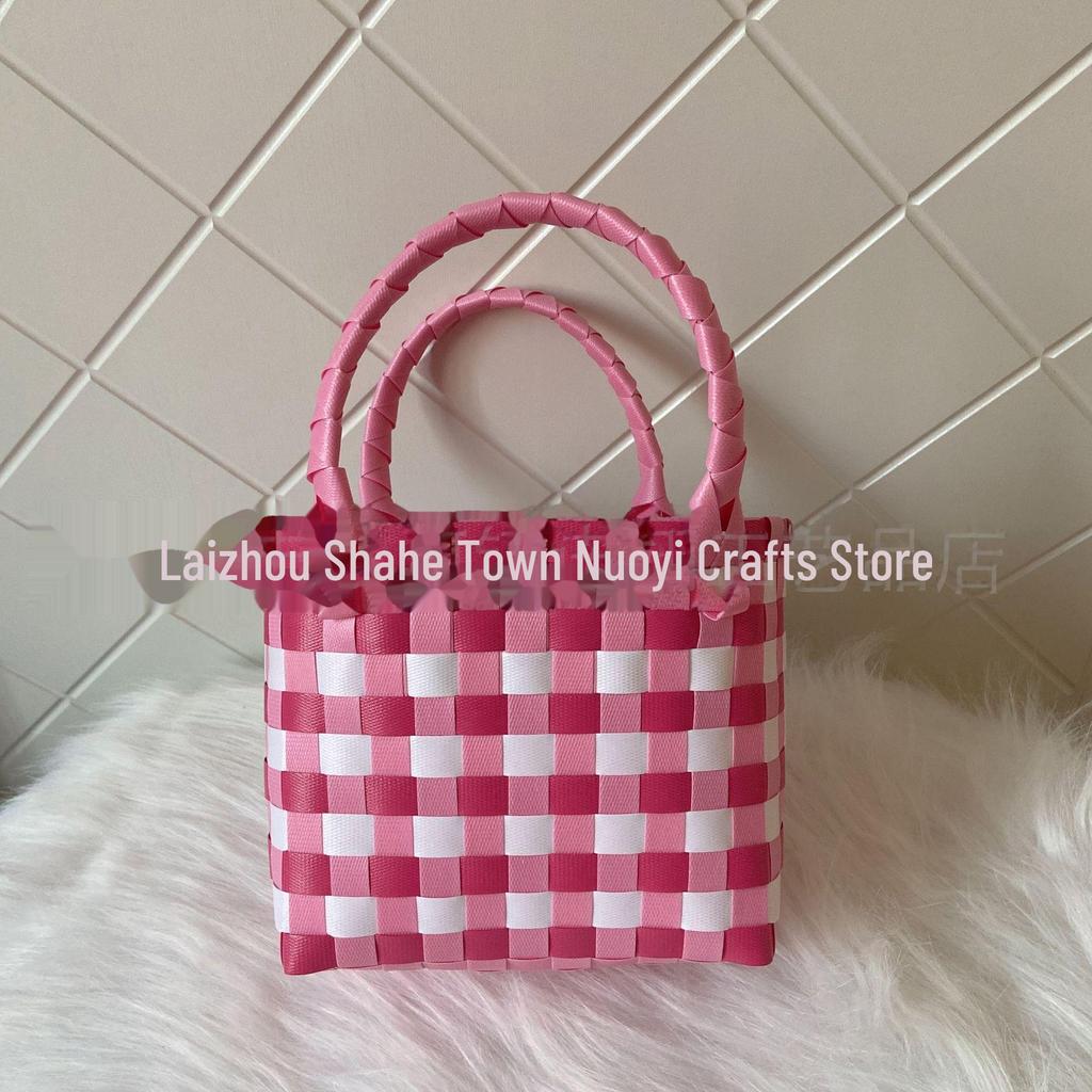 Γυναικεία Υφαντή Καλοκαιρινή Τσάντα Παραλίας: Απλή Πλαστική Τσάντα Χειρός, Μικρός Τετράγωνος Σχεδιασμός για Ψώνια και Παιδιά.