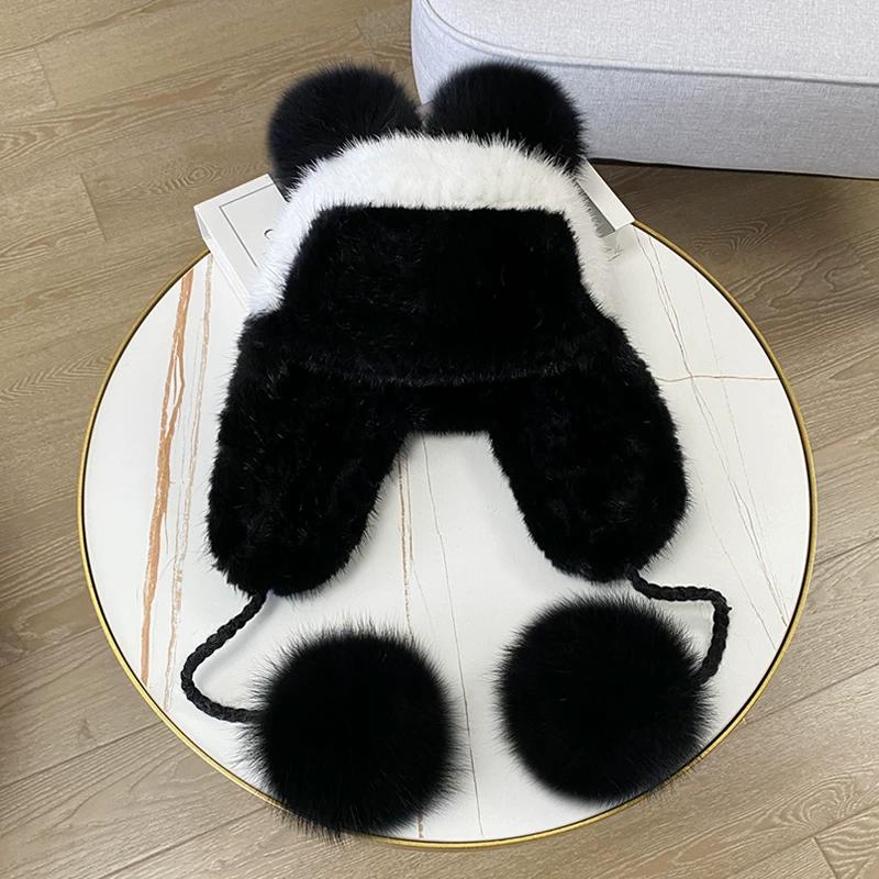Winter New Warm Mink Hair Woven Lei Feng Hat Female Ear Protector Mink Hat Cute Fox Fur Ball Fur Hat