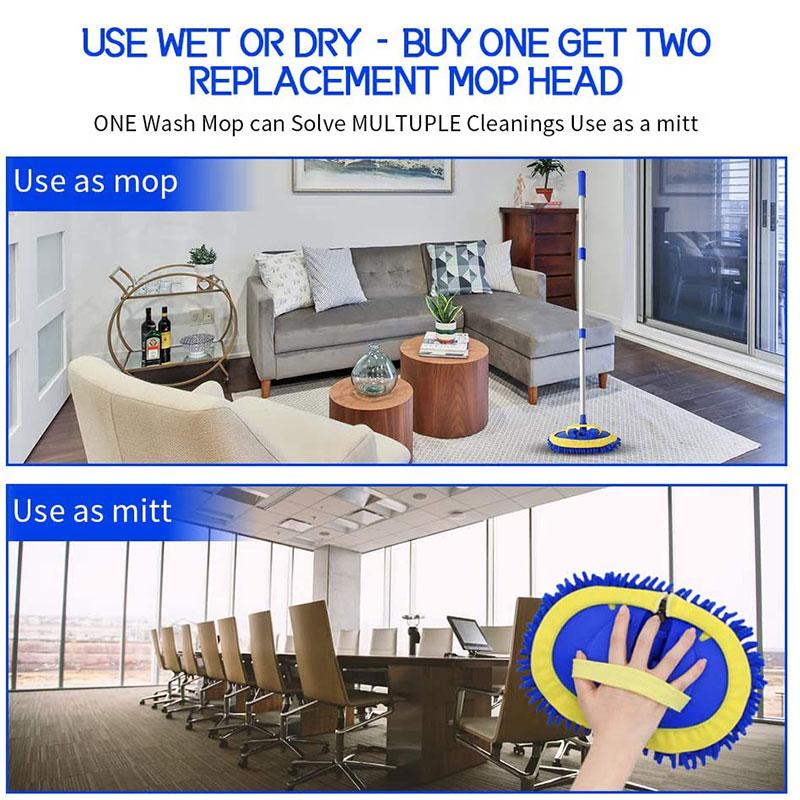 2 In 1 Car Wash Brush Mop Head Kit Three Section Telescoping Aluminum Alloy Long Handle Thick Chenille Cleaning Tool