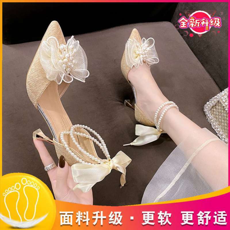 Medium heel stiletto high heels women's sandals 2025 summer new one-word buckle bow single shoes fairy style work shoes