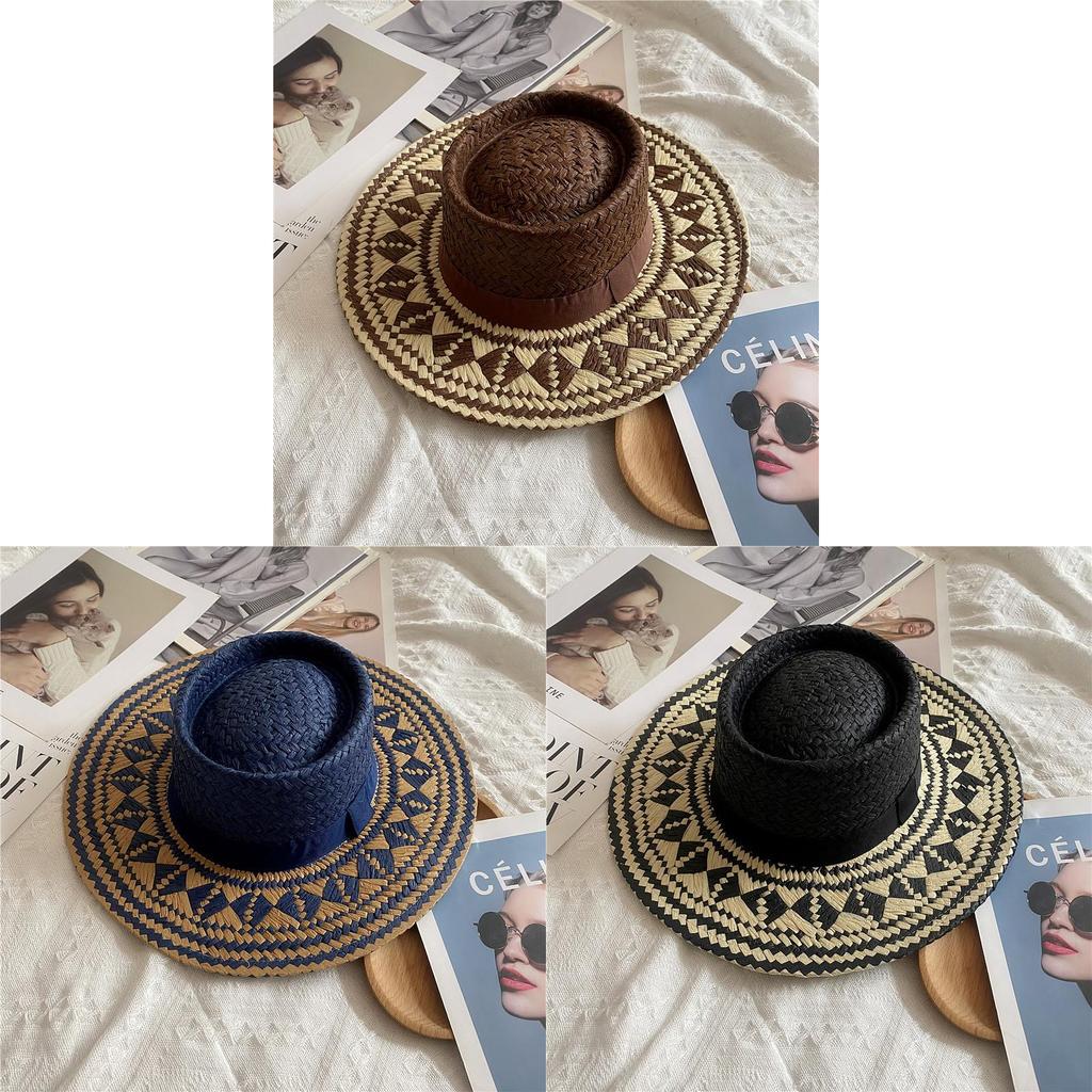 Ethnic Style Wide Brim Straw Hat For Sun Protection Beach Vacation Summer Travel