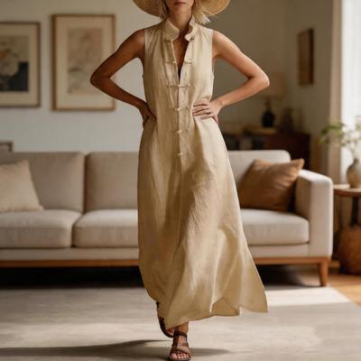 Damen Sommer Ärmellos Knopfleiste Tankkleid Stehkragen Lässig Baumwolle Leinen Langes Kleid Locker A-Linie Fließendes Strand Sommerkleid
