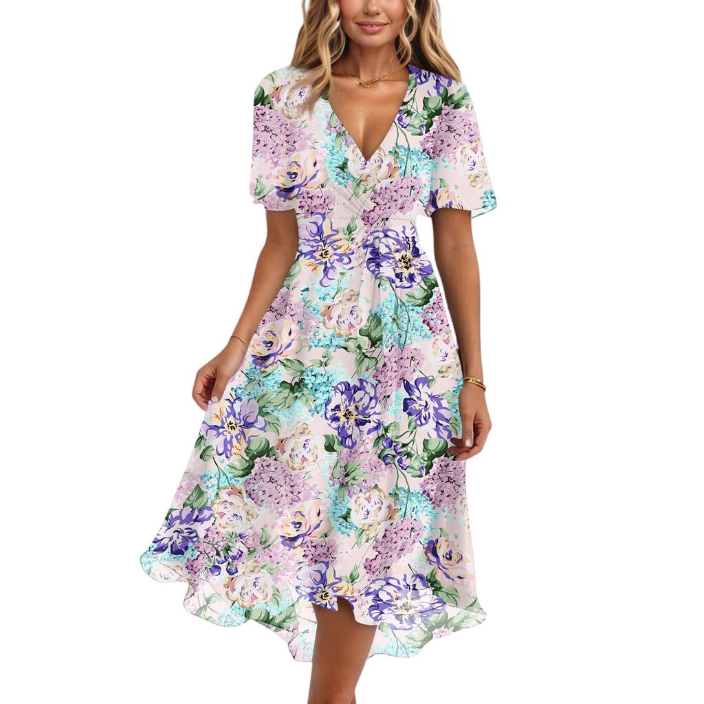 Damenmode Lässig V-Ausschnitt Kurzarm Rüschen Vintage Bedruckte Kleider
