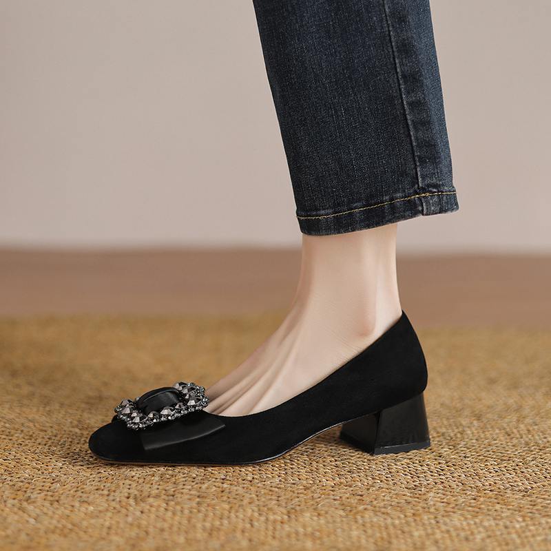 Krazing Pot Suede Spring Summer Size 41 Med Heels Office Lady High Heels Crystal Women Square Toe Shallow Pumps