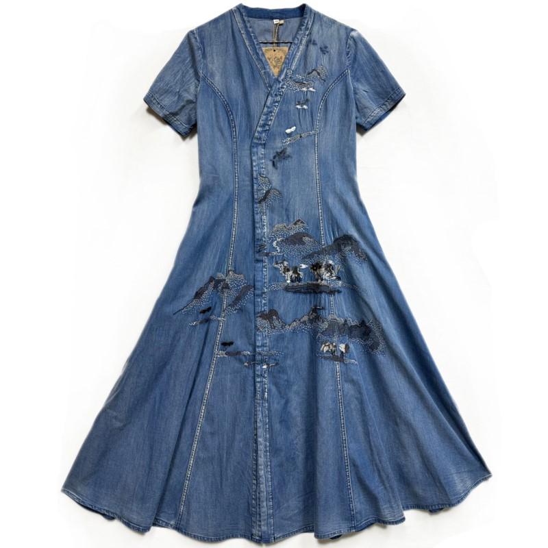 Johnature Léto Ženy Móda Čínský styl Výšivka Kovboj Neformální šaty Vintage šaty s krátkým rukávem a výstřihem do V