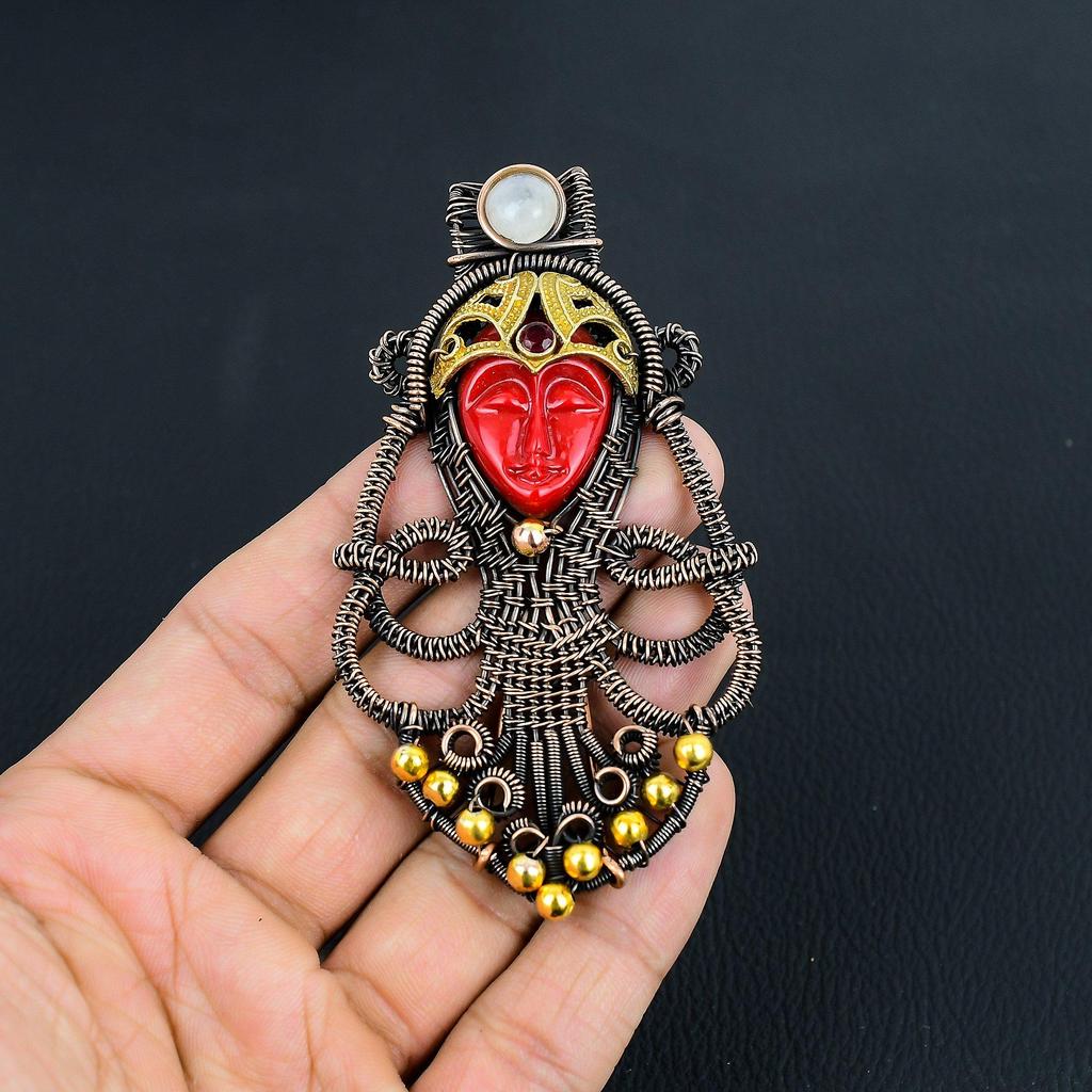 Carved Red Face & Moonstone Jewelry, 999 Copper Wire Wrapped Pendant Handmade Gemstone Jewelry, Gifts For Wife Brand New Pendant