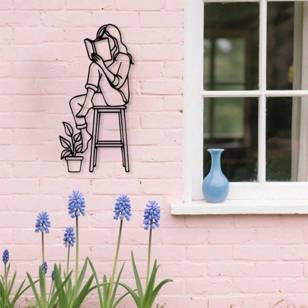 Modern Black Metal Wall Art Female Reading Sculpture Durable Iron Decor for Home Office Library Valentine Gift Easy Install
