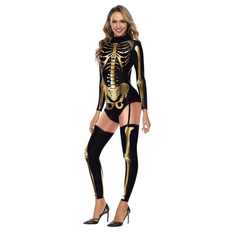 Purim Karneval Cosplay Kostüme Mode Body Totenkopf Skelett Druck Jumpsuit Lustiges Damenkostüm Sexy Catsuit Weiblich
