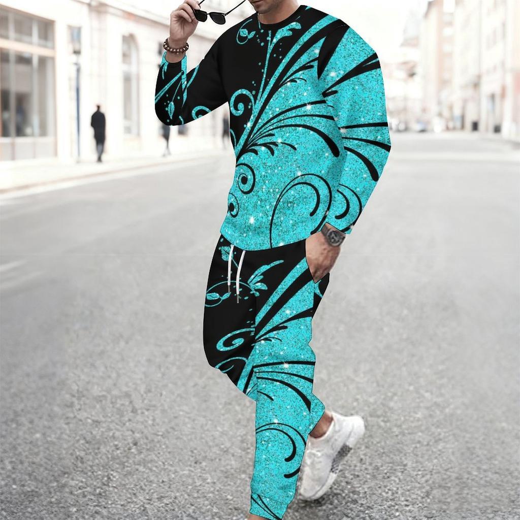 Men Black Blue Bohemian Mandala Partial Print Long Sleeve Sweatshirt Jogger Pants Two Piece Suit